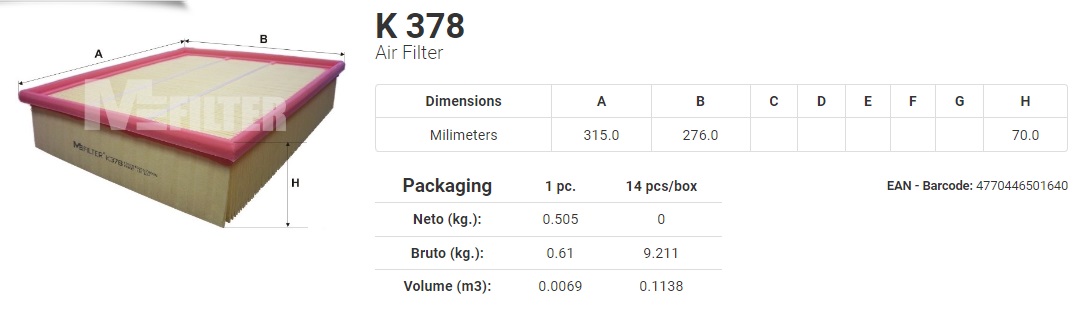 Фильтр воздушный K378 MB Sprinter Mfilter